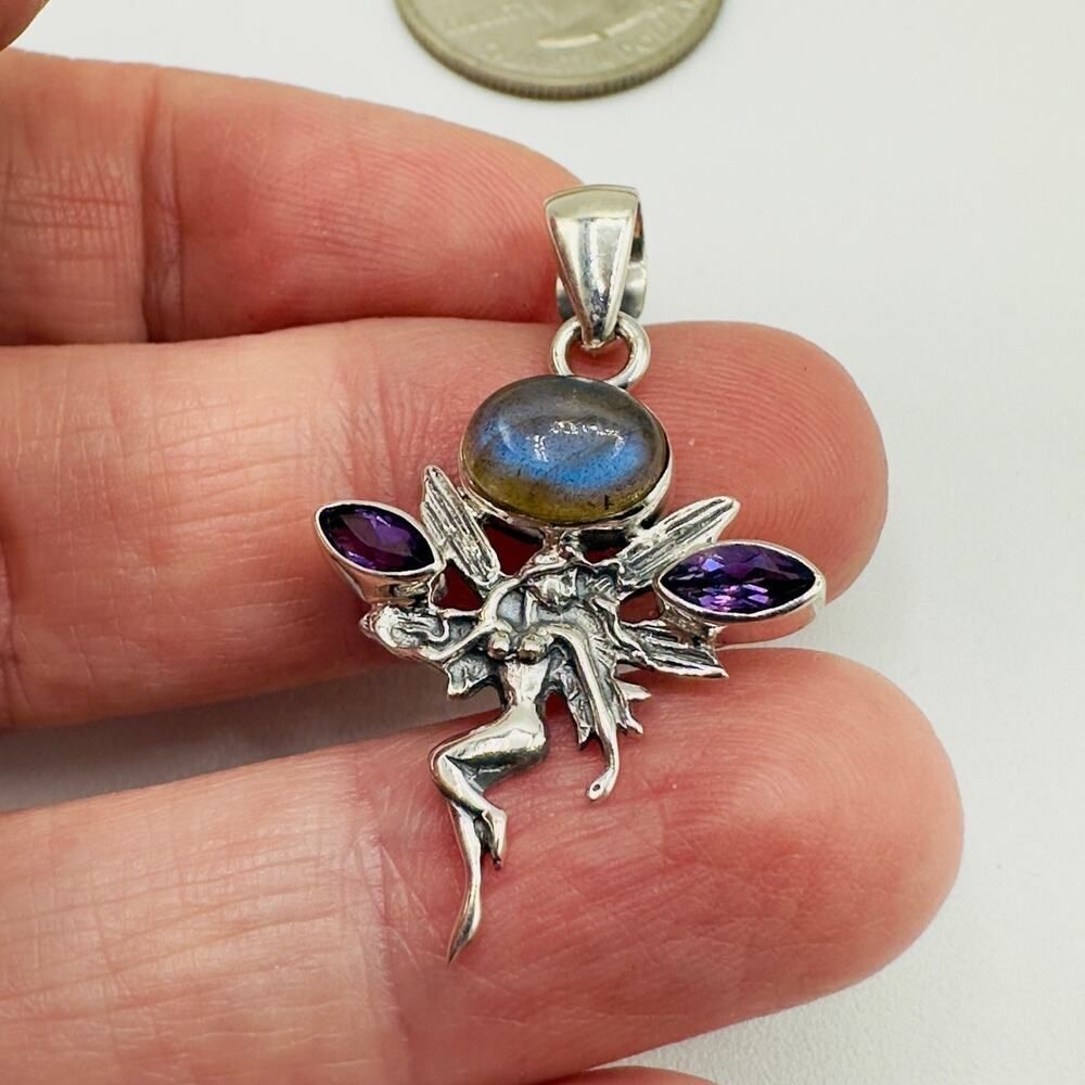Fairy Labradorite & Amethyst 925 Sterling Silver Pendant